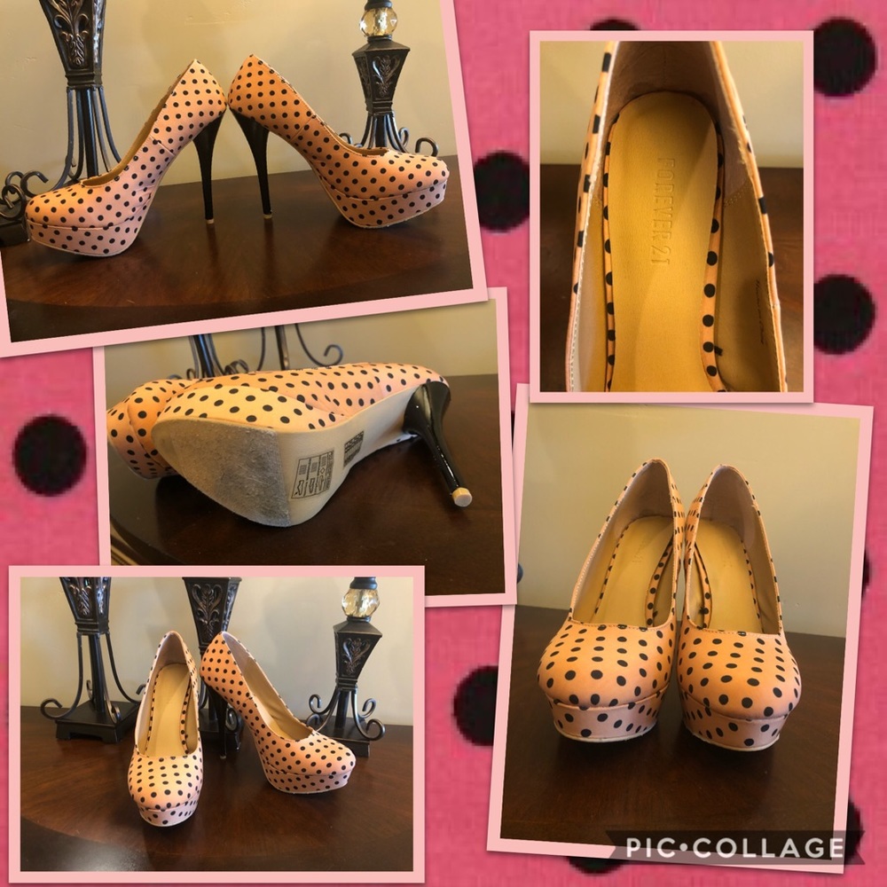 Forever 21 pink/blk polka dot stacked heel Sz 8.5